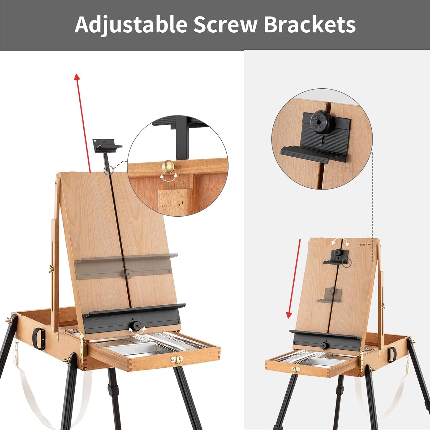 Falling in Art Light Weight French Style Field and Sketchebox Easel with Aluminum Tripod, Adjustable Beechwood Tripod Standing Easel with Drawer, Palette
