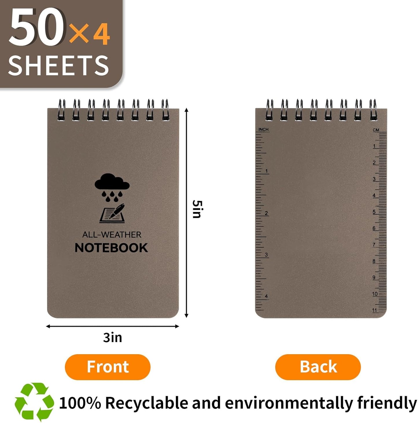 COIDEA Waterproof Notebook, 4 Pack Top-Spiral Pocket Notepad, 3" x 5" Weatherproof NotePad, All Weather Police Pocket Notebook Little Memo Steno Note Pads for Outdoor Office School Recording, Black