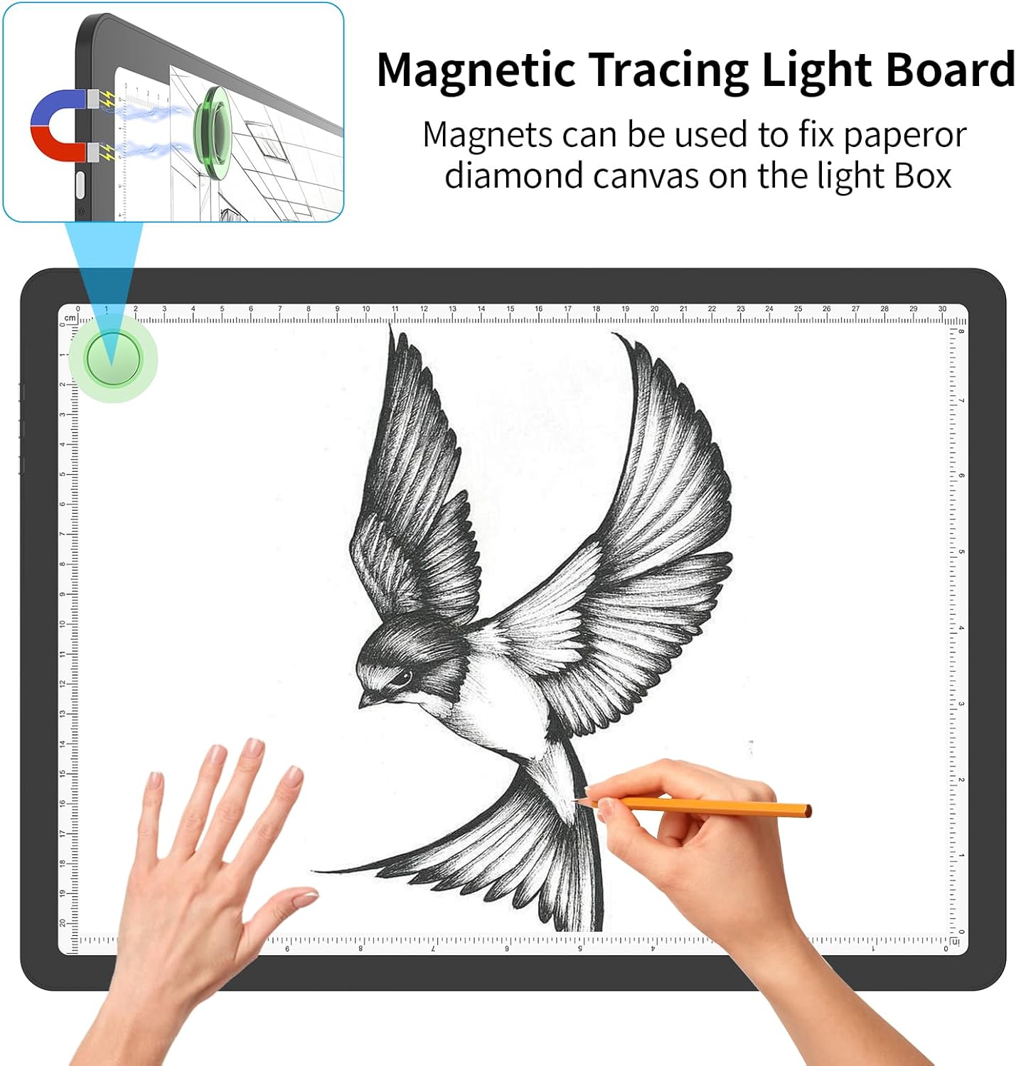 Phylosal Magnetic A3 Light Pad with Bag, Super Bright Light Box with Side Button, Diamond Art Light Board, Lightbox for Tracing and Drawing, USB Power Light Table for Sketching, Weeding Vinyl (White)
