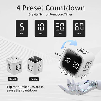 Productivity Timer Flip Gravity Sensor Cube Timer Countdown & Countup,Mute & Vibrate & Sound，5/10/30/60min & Custom Timing, Perfect for ADHD,Work,Learning,Kitchen Cooking (1Black)