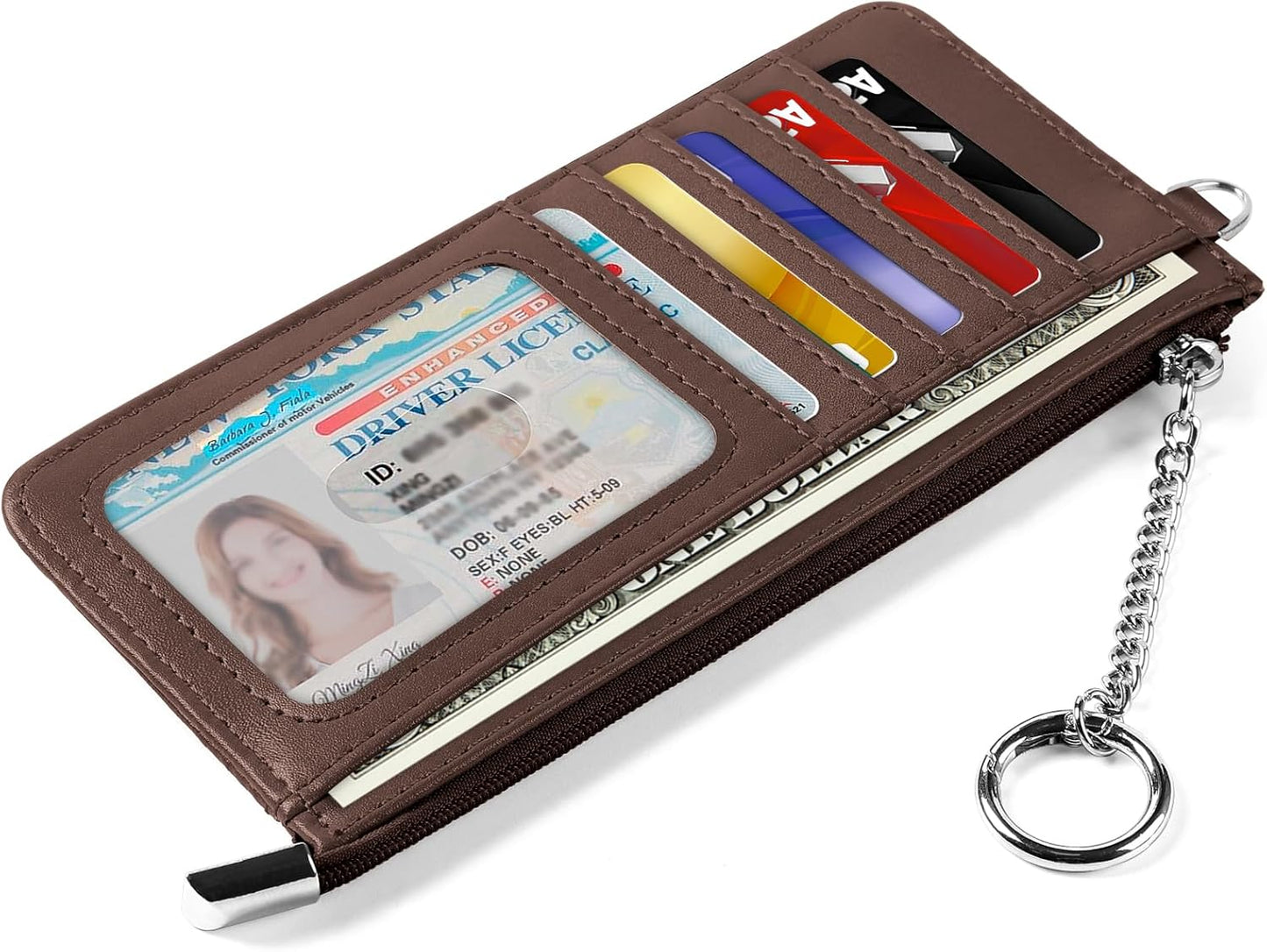RFID Blocking Slim Credit Card Holder Wallet with Zipper Money Pocket & Keychain, Slim Airtag Wallet for Men Women