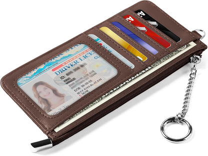 RFID Blocking Slim Credit Card Holder Wallet with Zipper Money Pocket & Keychain, Slim Airtag Wallet for Men Women