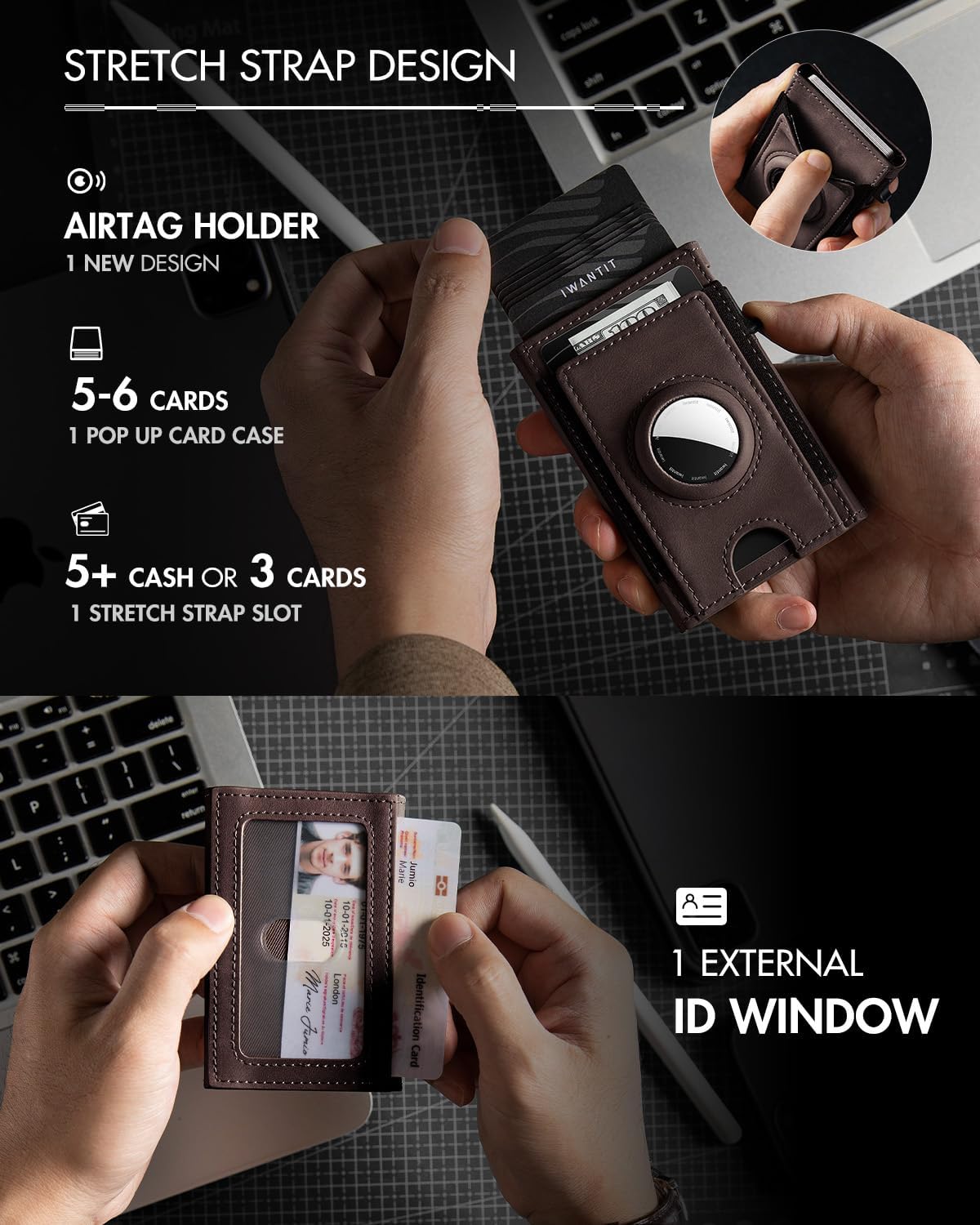 iwantit Slim Airtag Wallet for Men: Compatible with Apple Air tag (1st & 2nd Generation), Front Pocket Smart Pop Up Credit Card Holder with AirTag Holder ID Window, RFID Blocking(Brown)