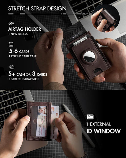iwantit Slim Airtag Wallet for Men: Compatible with Apple Air tag (1st & 2nd Generation), Front Pocket Smart Pop Up Credit Card Holder with AirTag Holder ID Window, RFID Blocking(Brown)