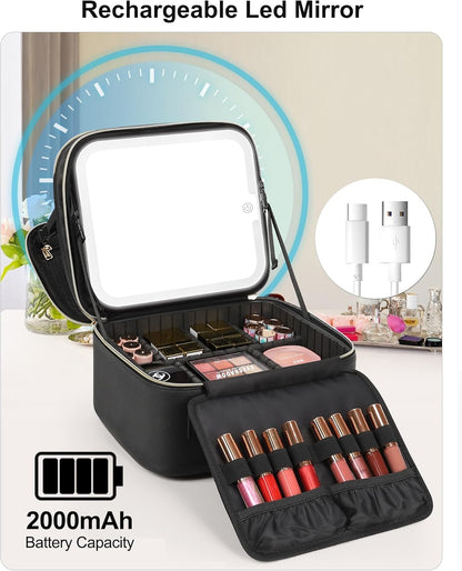 Relavel Travel Makeup Bag With LED Mirror, Cosmetic Train Case with Light up Mirror, Portable Makeup Artist Organizer Bag with Adjustable Dividers, Makeup Brush Holder Storage, Black