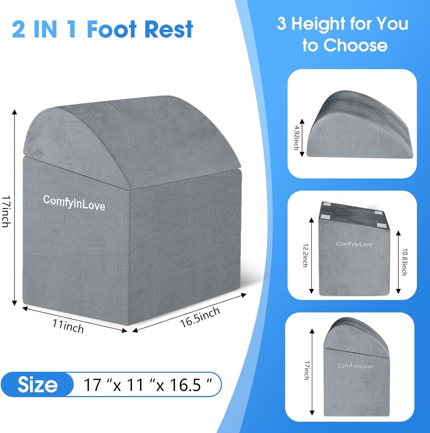 Foot Rest for Under Desk at Work - Non-Slip Foot Stool with 3 Adjustable Heights, Ergonomic Under Desk Footrest with Washable Cover for Leg Elevation, Desk, Home, Office, Car (Dark Grey)