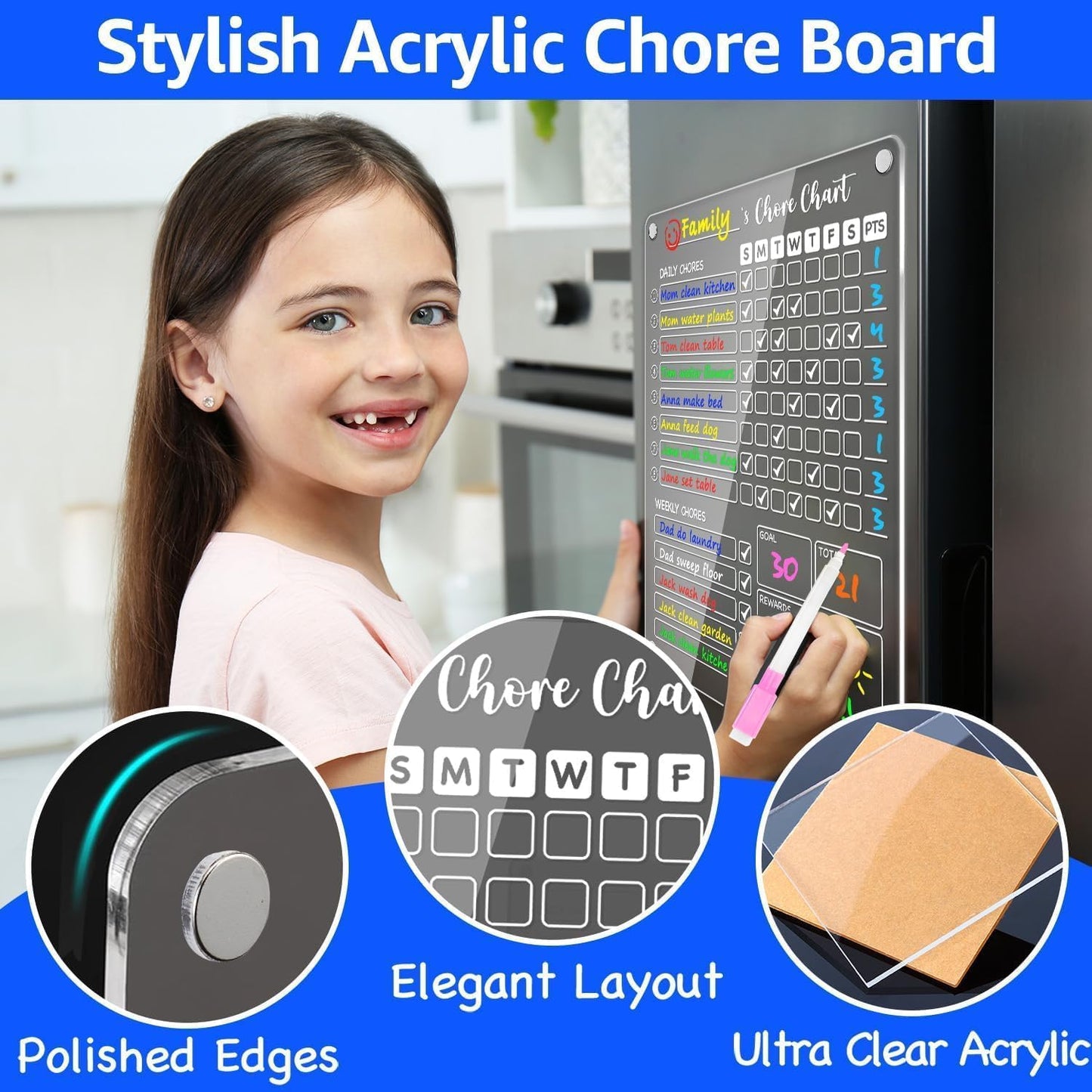 PigPotParty Acrylic Magnetic to Do List Whiteboard for Refrigerator, 12x9.5 Inch Clear Dry Erase Checklist Board, 3-Column Fridge List with Pre-Installed Embedded Magnet, 8 Markers and 1 Towel