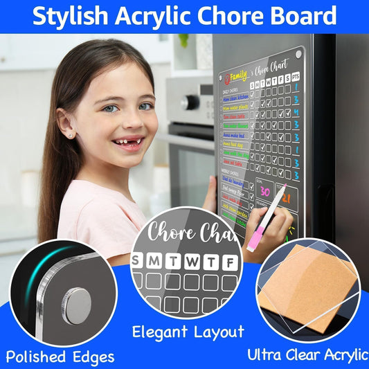 PigPotParty Acrylic Magnetic to Do List Whiteboard for Refrigerator, 12x9.5 Inch Clear Dry Erase Checklist Board, 3-Column Fridge List with Pre-Installed Embedded Magnet, 8 Markers and 1 Towel