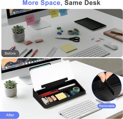 WALGLASS Small Desktop Whiteboard with Storage, Glass Desk Dry Erase White Board Computer Keyboard Stand with Drawer, Desk Organizers with Accessories for Office, Home, School Supplies White