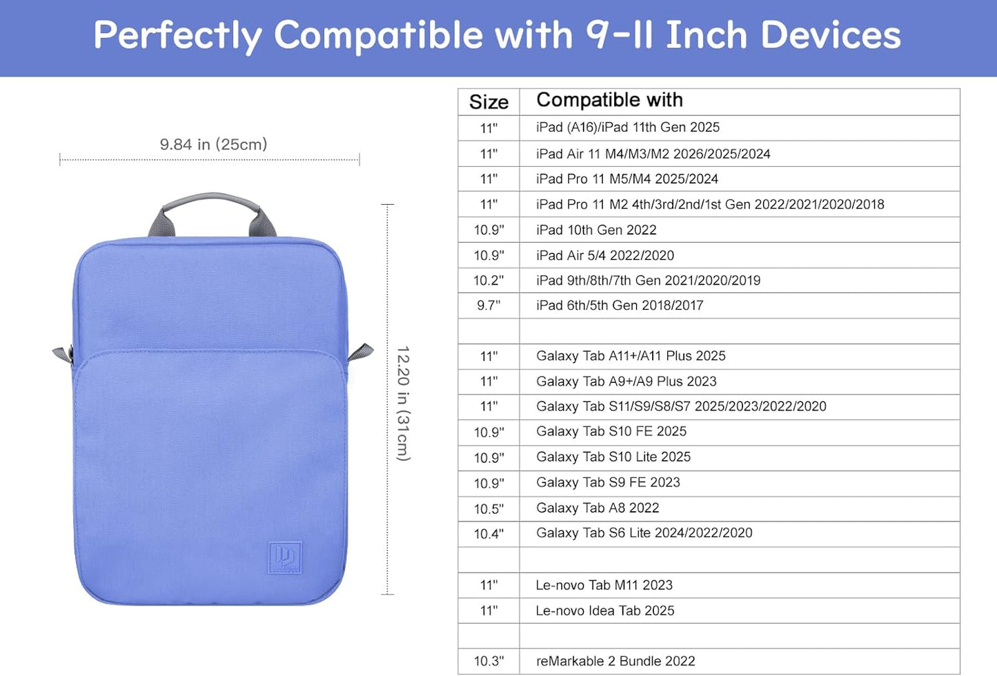 Dadanism 9-11 Inch Tablet Sleeve Bag Carrying Case with Shoulder Strap for iPad (A16) 11", iPad 10th Gen 10.9", iPad Air M4/Pro M5 11", iPad 9/8/7th 10.2", Galaxy Tab A11+ Plus 11", Cloudy Pink