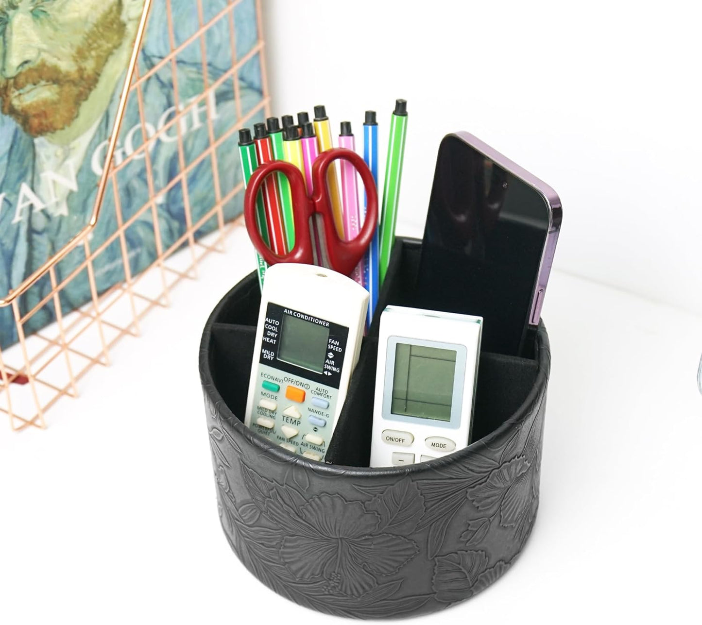 Round Leather Art Supply Organizer,Remote Control Holder,360 Degree Rotating,Multi-Functional Pencil Holder,4 Compartments Desktop Stationary Organizer(1-Fractal Flower) | Round - Colors A