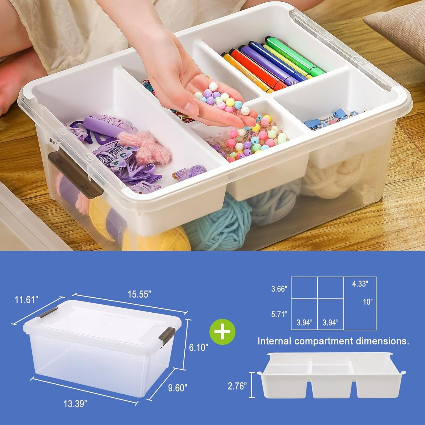 MACOPRO 17QT Craft Storage Box with 2 Removable Caddy Trays, Clear Stackable Plastic Organizer with Lid for Art Supplies, Beads, Sewing Tools, Pens & Kids Toys (White, 1Pack-2-in-1)