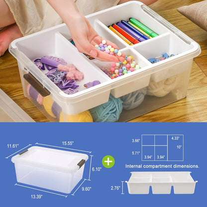 MACOPRO 17QT Craft Storage Box with 2 Removable Caddy Trays, Clear Stackable Plastic Organizer with Lid for Art Supplies, Beads, Sewing Tools, Pens & Kids Toys (White, 1Pack-2-in-1)