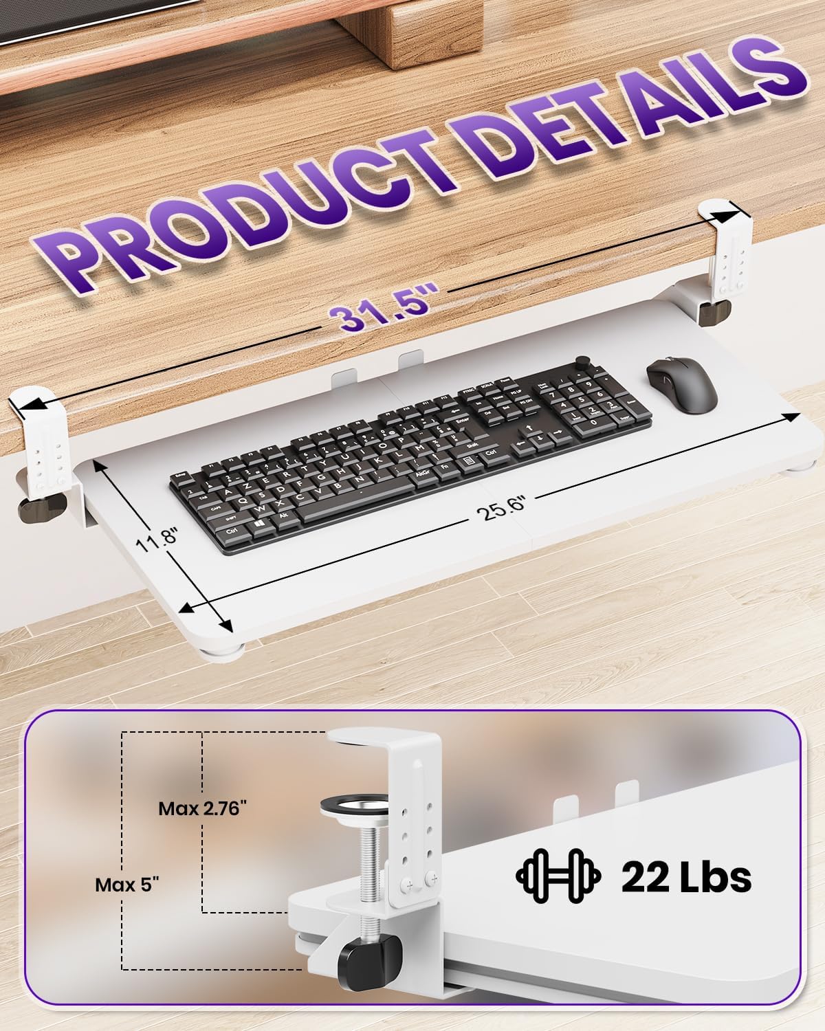 Ergonomic Mouse & Keyboard Tray Under Desk, Pull Out with Adjustable C-clamp, 20 (25.9 Including Clamps) x 11.8 Inch Slide Out Computer Keyboard Drawer Mouse Tray for Typing, Rustic Brown
