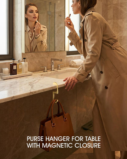 Purse Hook for Table - Portable Purse Hanger for Table with Magnetic Closure, Compact Bag Hook for Handbags, Totes & Backpacks, Stylish Stocking Stuffer Christmas Gift (Gold)