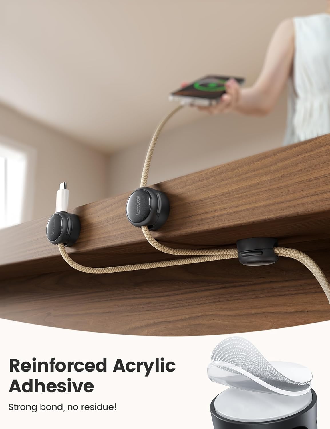 Lamicall 8 Pack Magnetic Cable Clips Cord Organizer - [Crystal-Clear & Silver Shine] Aesthetic Strong Adhesive Phone Charger Cable Management Clips for Nightstand, Home Office Desk Desktop Accessories