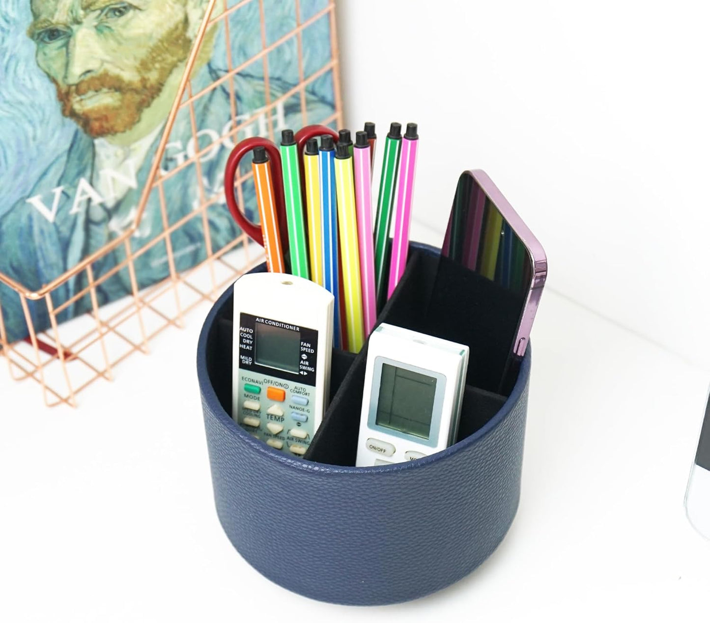Round Leather Art Supply Organizer,Remote Control Holder,360 Degree Rotating,Multi-Functional Pencil Holder,4 Compartments Desktop Stationary Organizer(1-Fractal Flower) | Round - Colors B