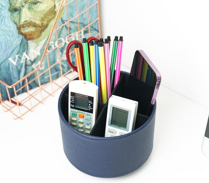 Round Leather Art Supply Organizer,Remote Control Holder,360 Degree Rotating,Multi-Functional Pencil Holder,4 Compartments Desktop Stationary Organizer(1-Fractal Flower) | Round - Colors B