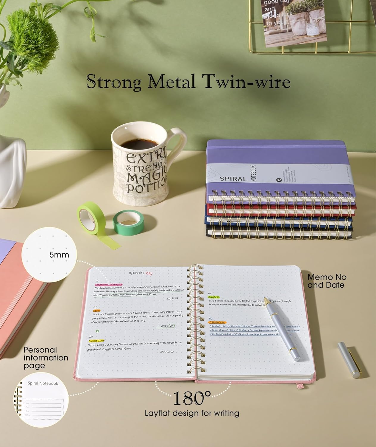 Graph Spiral Journal Notebook, A5 Hardcover Spiral Journals for Women Men, 100 GSM Graph Paper Notebooks, 150 Pages Spiral Bound Grid Notebook for Writing Note Taking Work 5.75" x 8.38" Olive Green