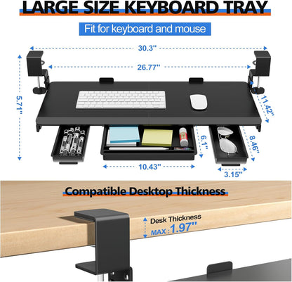 Large Height Adjustable Keyboard Tray with Sturdy C-Clamp Mount and Storage Drawer, 27"(31"Including Clamps) x 12" Slide Out Ergonomic Keyboard Trays for Home and Office, Black