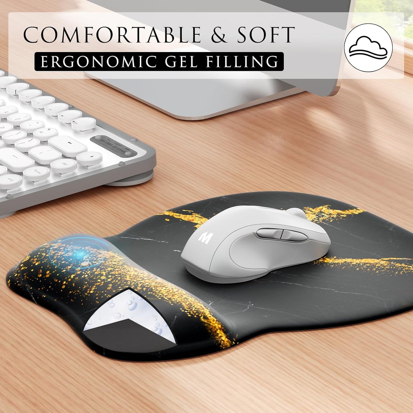 MROCO Ergonomic Mouse Pad with Gel Wrist Rest, Smooth Wrist Support Surface, Non-Slip PU Base for Pain Relief, Comfortable Mousepad for Computer, Laptop, Office & Home, 9.4 x 8.1 in, Black
