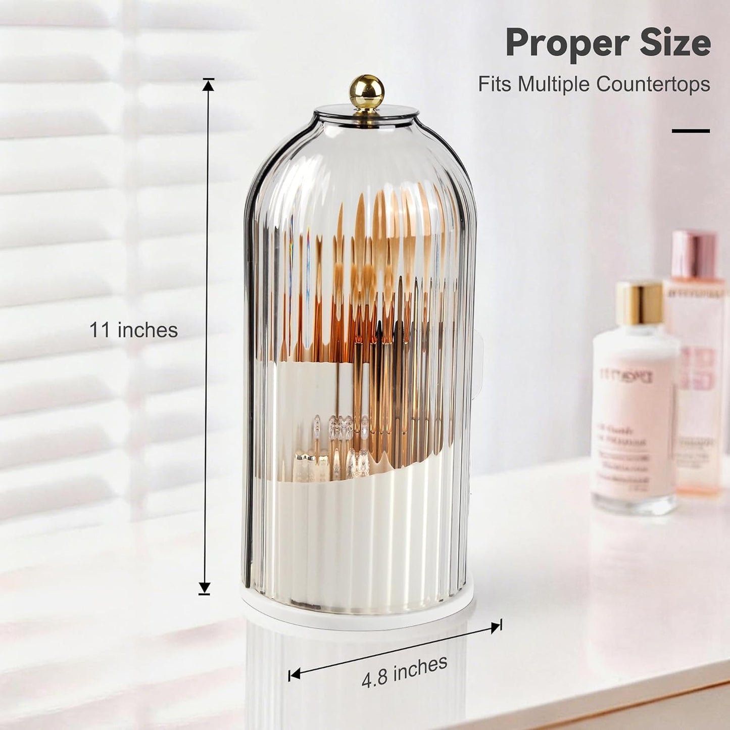 Hvygss 360° Rotating Makeup Brush Holder with Lid, Waterproof Three-Compartment Makeup Organizer, 180° Side-Pull Door Desk Organizer, Dustproof Brush Holder for Vanity and Bathroom (Transparent)