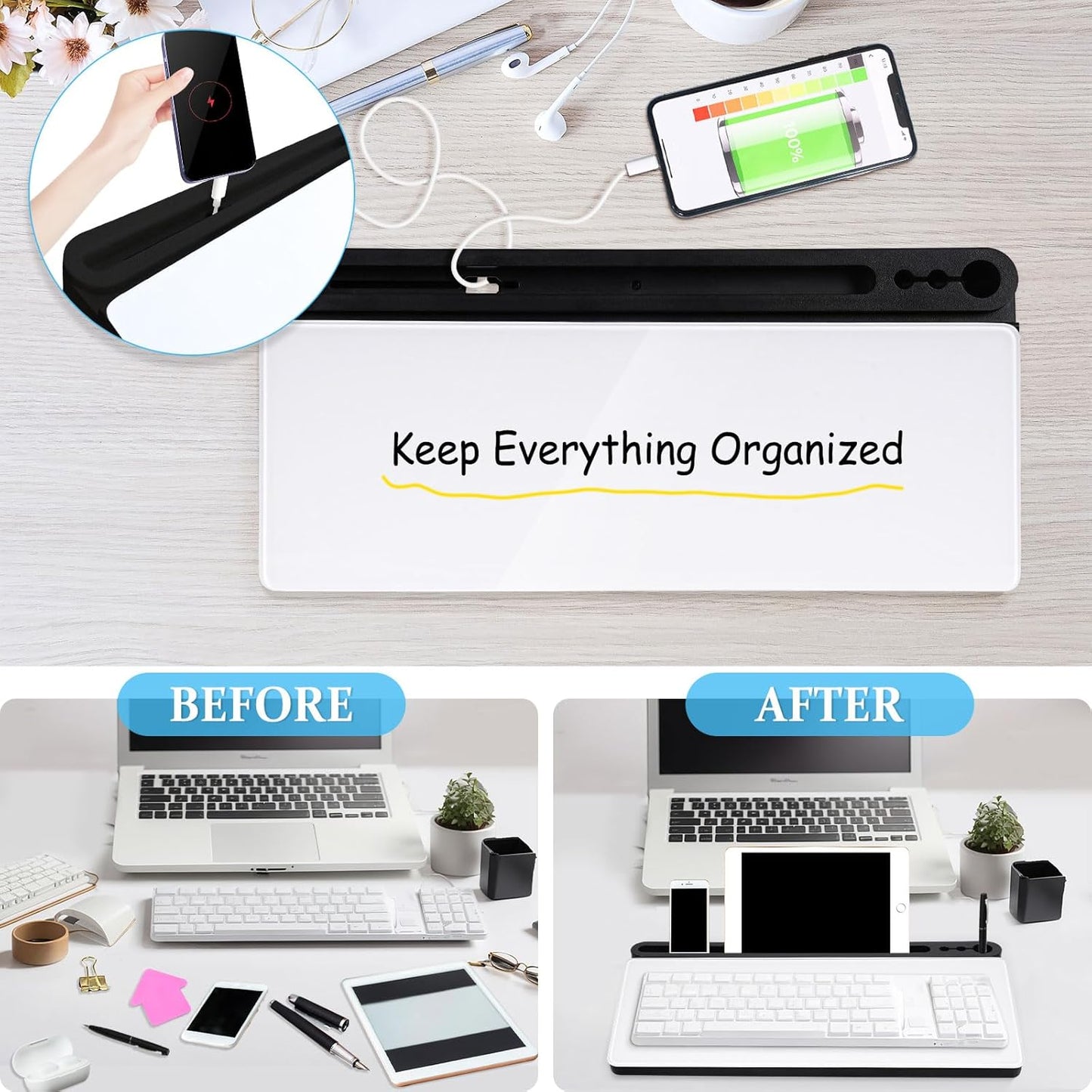 DOLLAR BOSS Glass Desk Whiteboard Calendar Small Dry Erase Board Desktop White Board with Storage Drawer Computer Keyboard Stand Desk Organizer, Colorful Weekly Calendar, Black