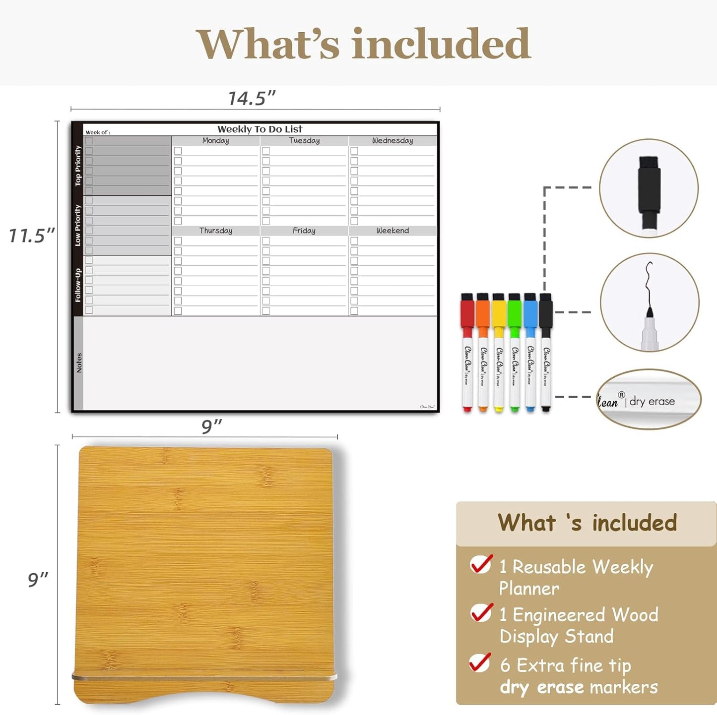 Dry Erase Desk Calendar Board - Reusable Desktop Weekly Planning Board, to-do List - 11.5"x14.5" Tabletop Dry Erase Board with Stand - 6 Markers Included