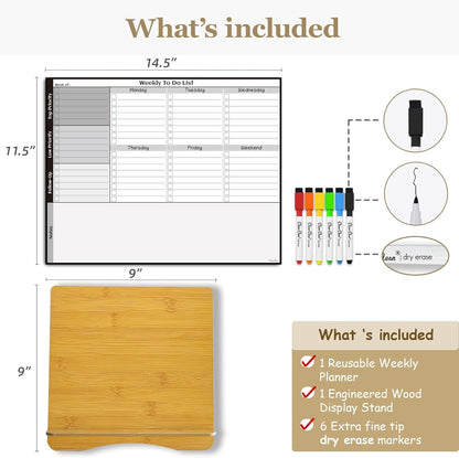 Dry Erase Desk Calendar Board - Reusable Desktop Weekly Planning Board, to-do List - 11.5"x14.5" Tabletop Dry Erase Board with Stand - 6 Markers Included
