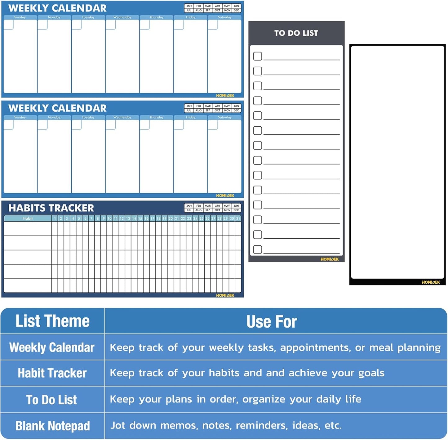 HOMiDEK Dry Erase Whiteboard for Fridge - Magnetic White Board for Refrigerator - 2 Sheets of Weekly Calenders, Monthly Habit Tracker, Memo Pad, to Do List and 4 Markers - 4" x 10"
