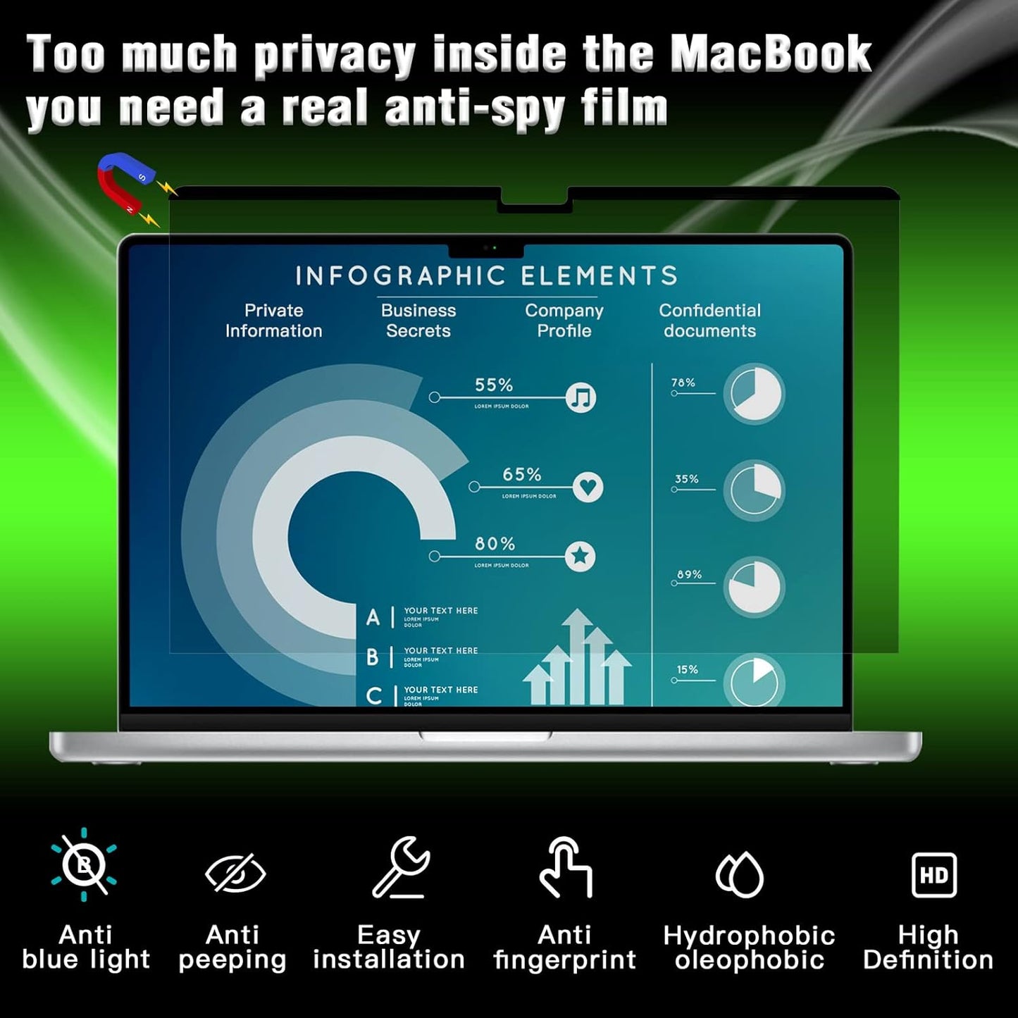 PYS Magnetic Laptop Privacy Screen Filter 15.6 Inch 16:9 - Detachable Computer Screen Privacy Shield, Anti-Glare Blue Light, Removable 15.6" Screen Protector for Lenovo, HP, Dell, Acer, ASUS