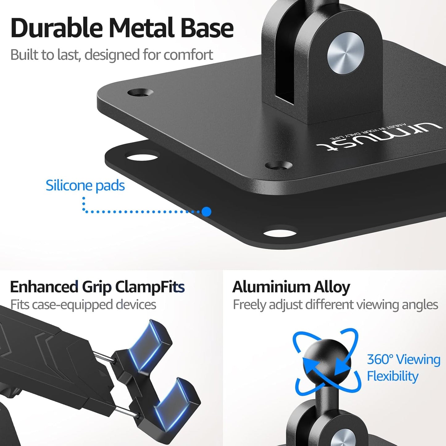 Urmust Tablet Stand for Desk, Adjustable iPad Holder for Bed, 360° Rotation, Sturdy Aluminum Tablet Arm Mount for 4.7"-15.6" iPad Pro/Air/Mini, iPhone, Galaxy Tab, for Kitchen, Work, Video Call