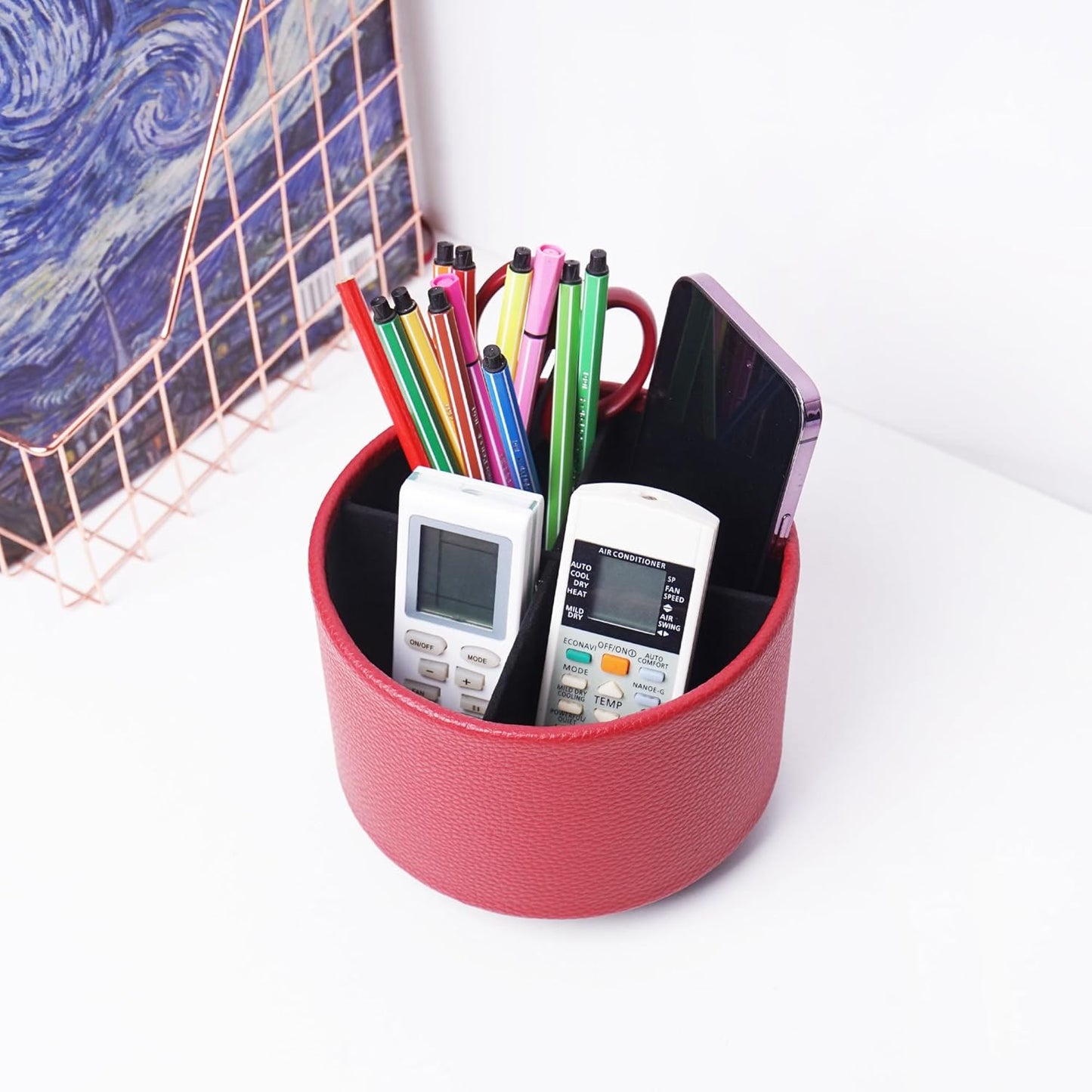 Round Leather Art Supply Organizer,Remote Control Holder,360 Degree Rotating,Multi-Functional Pencil Holder,4 Compartments Desktop Stationary Organizer(1-Fractal Flower) | Round - Colors B