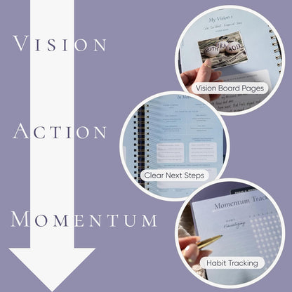 Vision Board Kit & Guided Manifestation Journal | Goal Planner & Habit Tracker, Self Care & Reflection Tools | Undated Vegan Leather Hardcover | Visions in Motion Portable Vision Board