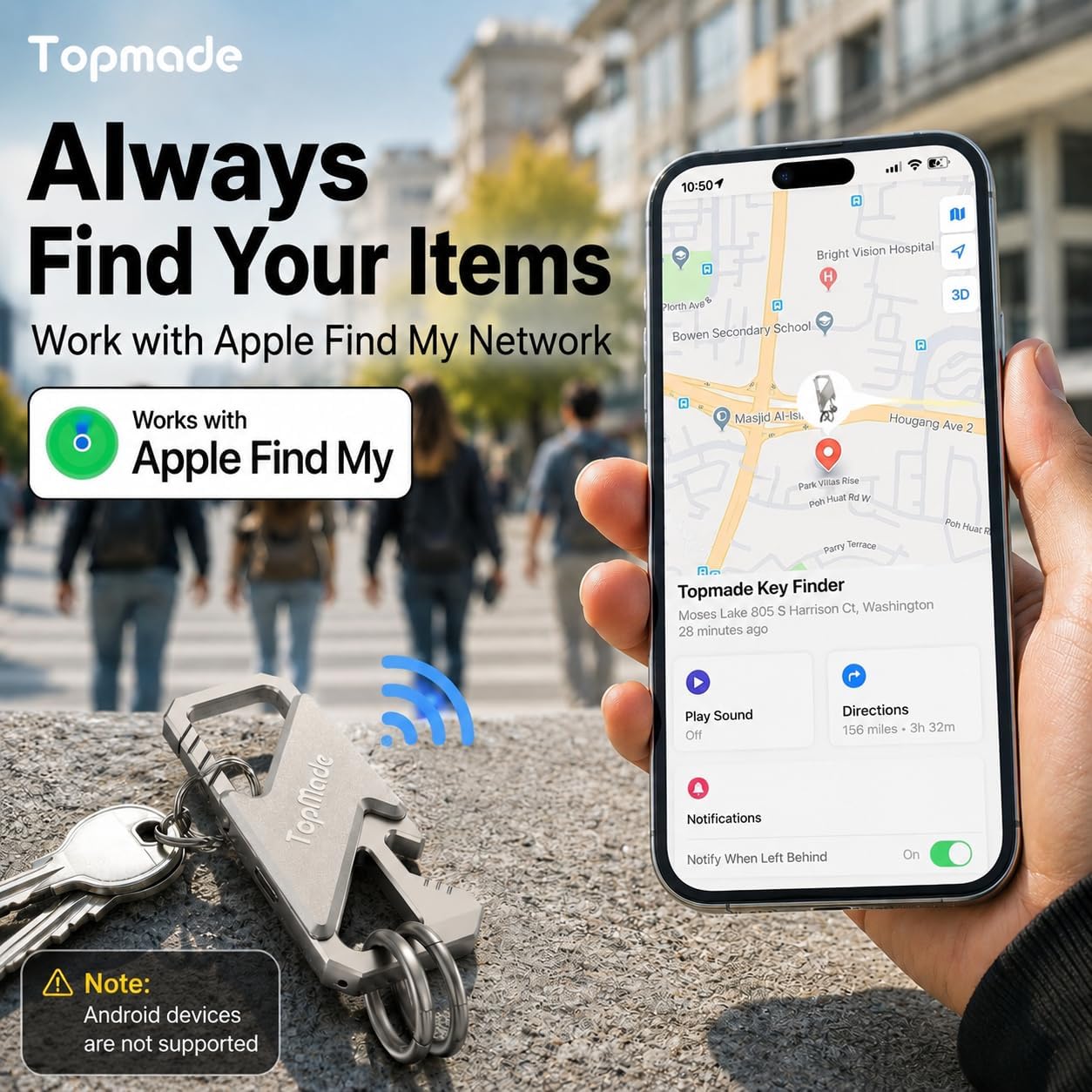 Keychain, Works with Apple Find My, Heavy Duty Key Chains Carabiner Bottle Opener, Car Key Finder with GPS Tracker, Rechargeable Bluetooth Key FinderTracker for Luggage, Bags, Backpack etc, Black