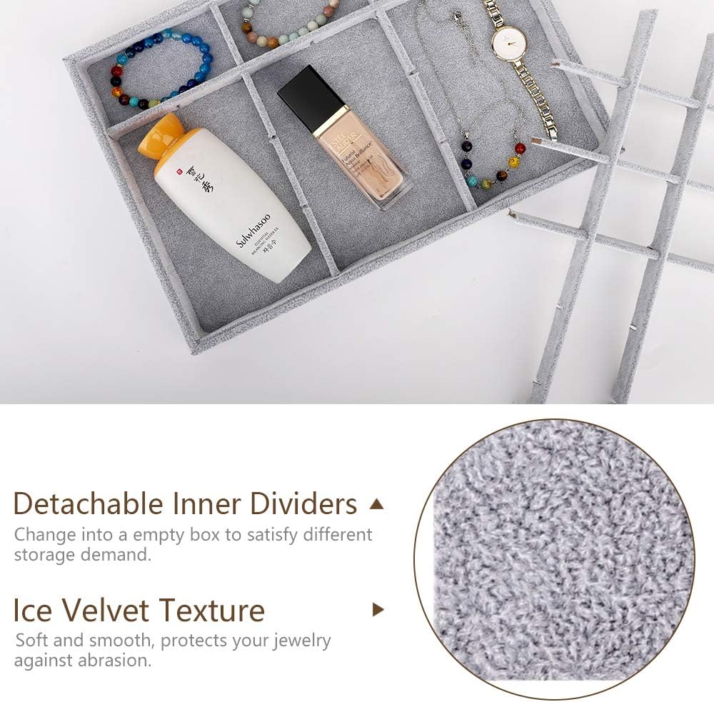 Emibele Glasses Organizer Jewelry Tray, 8 Grids with Clear Lid Velvet Tray Watch Storage Stackable Jewelry Showcase Display Storage with Detachable Inner Dividers, Beige