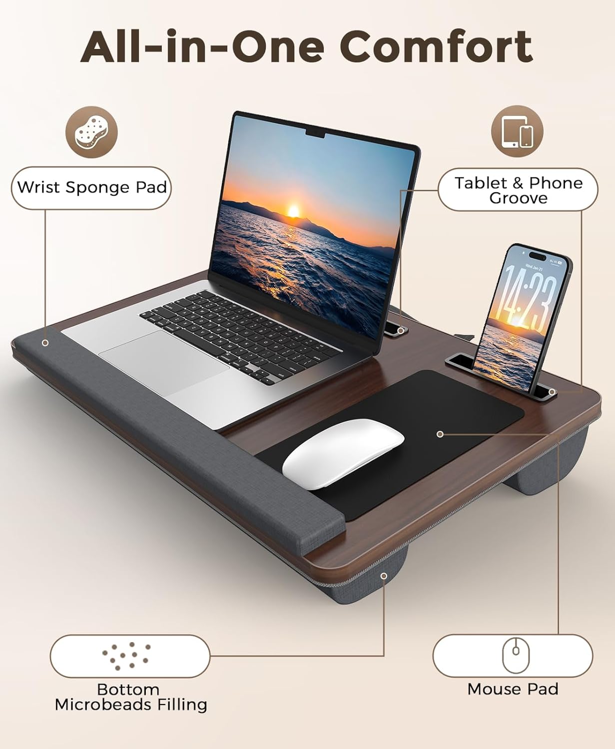 HETTHI Lap Desk with Cushion, Large Laptop Besk Bed, Up to 17" Laptop Tray for Bed with Wrist Rest, 2 Self-Adhesive Mouse Pads, Portable Handle, Tablet Phone Slot (Black)
