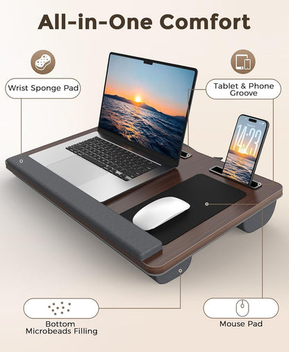 HETTHI Lap Desk with Cushion, Large Laptop Besk Bed, Up to 17" Laptop Tray for Bed with Wrist Rest, 2 Self-Adhesive Mouse Pads, Portable Handle, Tablet Phone Slot (Black)