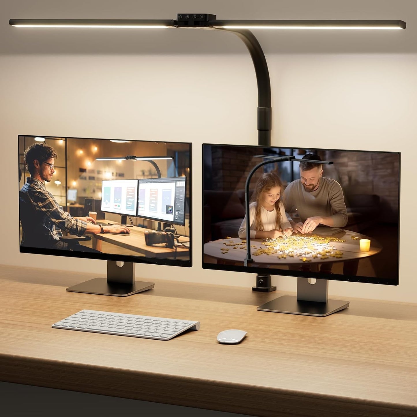 SIBRILLE LED Desk Lamp for Home Office - Dimmable Computer Desk Light with Clamp, Modern Architect Task Lamp with Color Changing, Flexible Desktop Lamp with Gooseneck for Monitor, Double Head, White