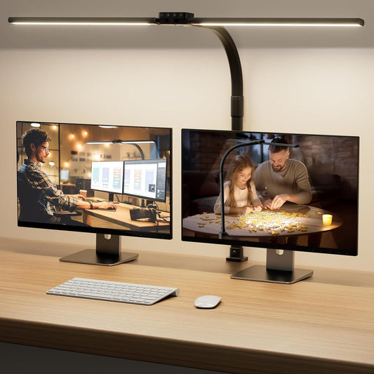 SIBRILLE LED Desk Lamp for Home Office - Dimmable Computer Desk Light with Clamp, Modern Architect Task Lamp with Color Changing, Flexible Desktop Lamp with Gooseneck for Monitor, Double Head, White