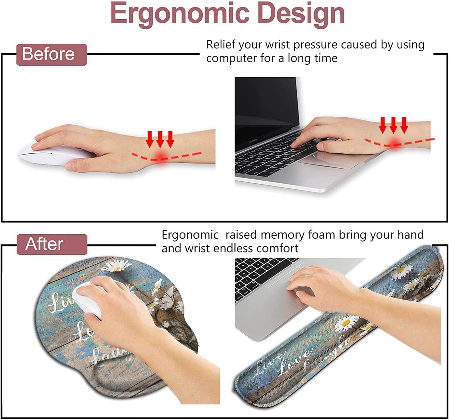 Mouse Pad with Wrist Support, Ergonomic Gel Mouse Pad Beautiful Flowers,Pink Hyacinths on Wood Panel，Non-Slip Durable, Memory Foam Keyboard Wrist Rest, Suitable for Office Typing Games