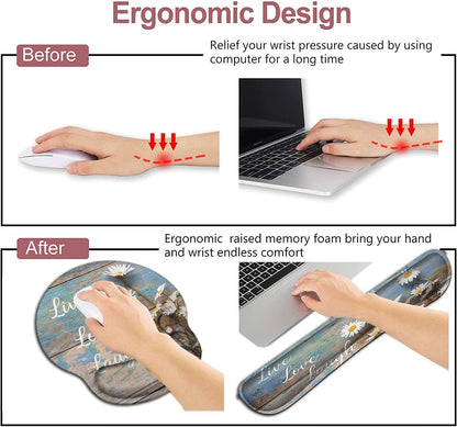 Mouse Pad with Wrist Support, Ergonomic Gel Mouse Pad Beautiful Flowers,Pink Hyacinths on Wood Panel，Non-Slip Durable, Memory Foam Keyboard Wrist Rest, Suitable for Office Typing Games