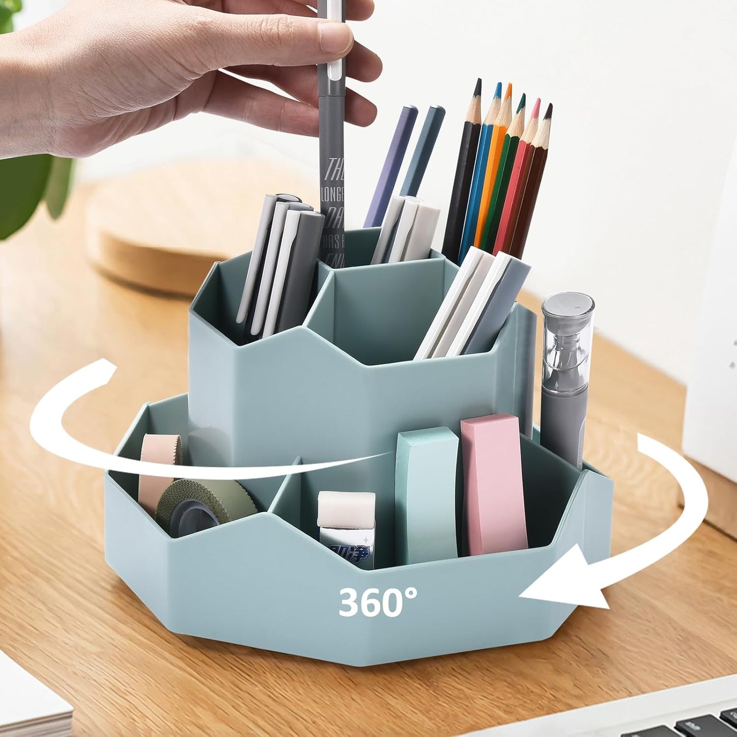 Rotating Desk Organizer, 360° Rotating Pencil Pen Holder for Desk, Desk Organizers and Accessories with 11 Slots Pencil Organizer, Art Supply Storage Box Caddy for Office (Beige)