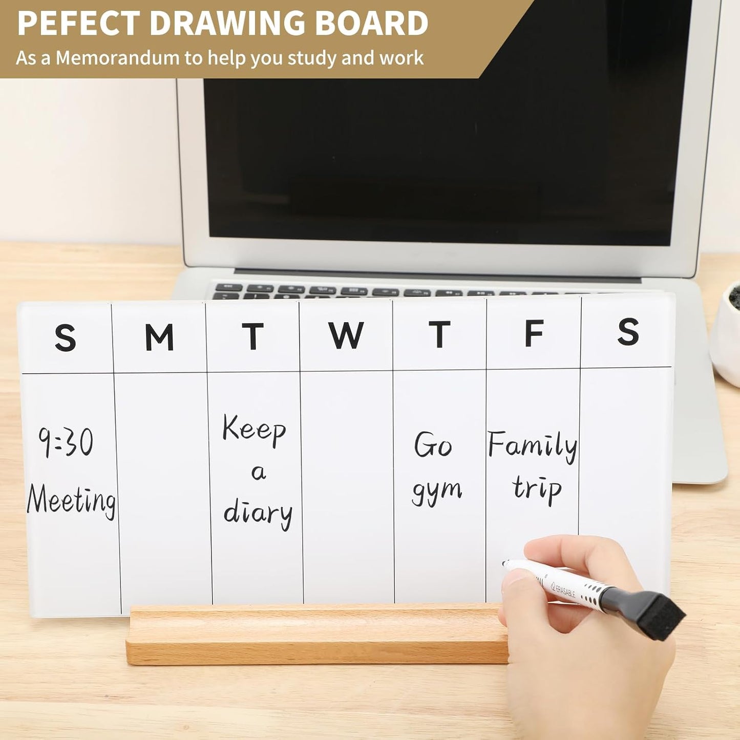 Desktop Glass Whiteboard with Wood Base, Small Whiteboard Glass Dry Erase Board Mini Whiteboard Portable Desk Whiteboard for Home, Office, 6.9x5.86 inch. Accessories Included