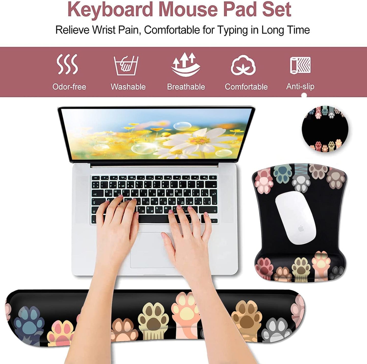 Mouse Pad with Wrist Support, Ergonomic Gel Mouse Pad Beautiful Flowers,Non-Slip Durable, Memory Foam Keyboard Wrist Rest, Suitable for Office Typing Games, Pink Hyacinths on Wood Panel