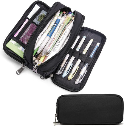 Della Gao Large Pencil Case, Big Capacity Pencil Pouch with 2 Compartments, Office Pencil Bag with Zipper, Big Pen Case for Adults (01-Black)
