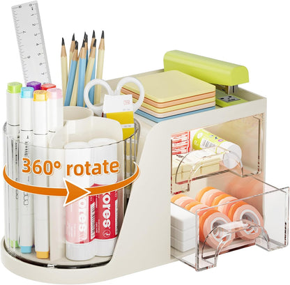 Marbrasse Desk Organizer with 2 Drawer, 360°Rotating Pen Holder, Desk Organizers and Accessories with 6 Slots Pencil Holder + 2 Drawer, Art Supply Storage Box Caddy for Office (Black)
