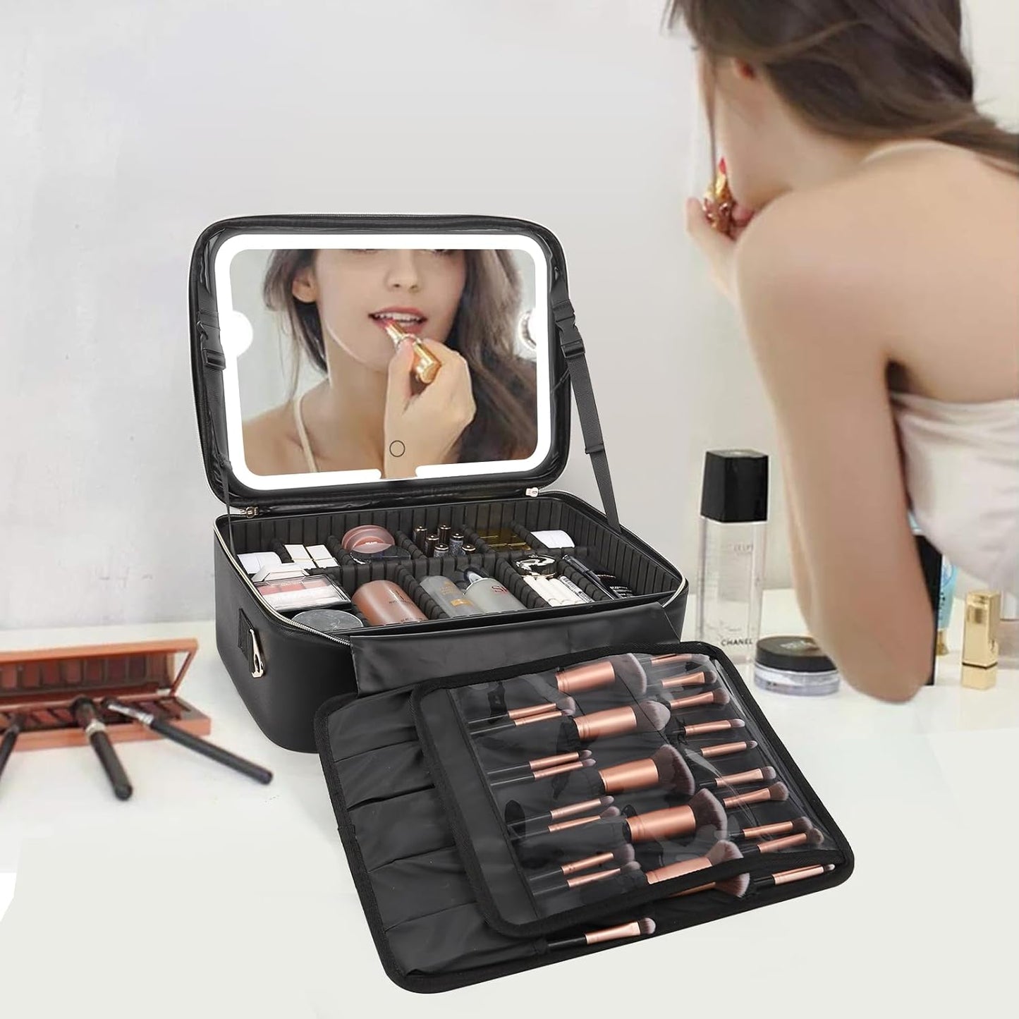 Relavel Makeup Case Large Makeup Bag Professional Train Case 16.5 inches Travel Cosmetic Organizer Brush Holder Waterproof Makeup Artist Storage Box, 3 Layer Large Capacity, with Adjustable Strap