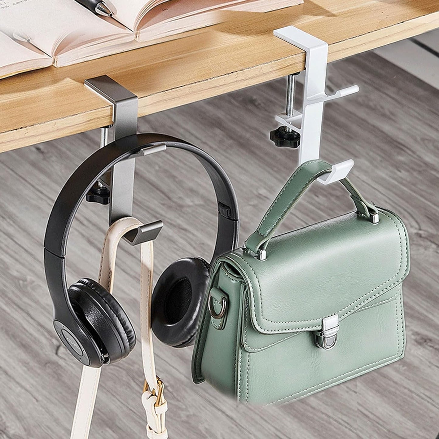 2Pcs Clamp-On Under Desk Headphone Holder Backpack Hook Students' Desk Hook with Adjustable Arm Clamp Women's Bag Handbag and Purse Holder - Suitable for Plate Between 1-5cm / 0.4-1.96” - Black