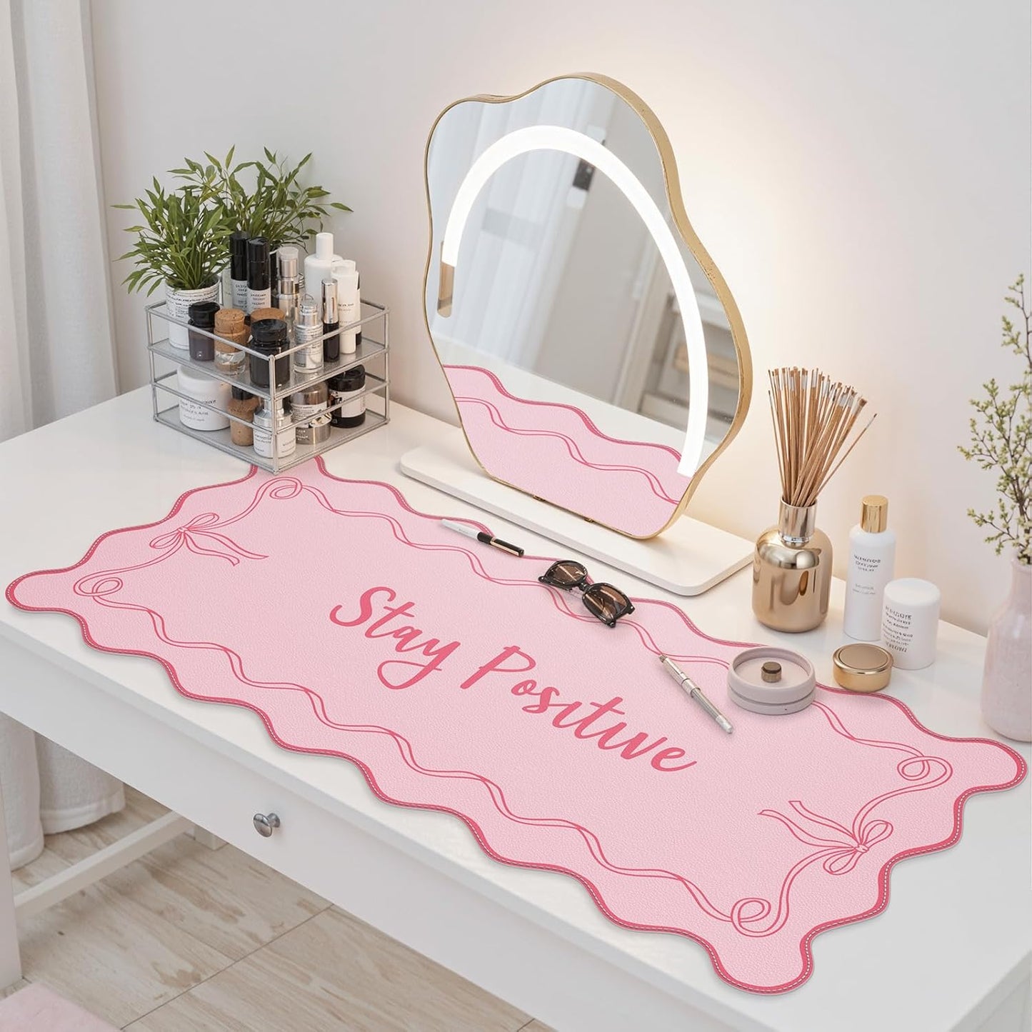 iCasso Pink Leather Desk Mat,Extra Large Scalloped Mouse Pad for Desktop,Waterproof PU Nail Table Mat,Cute Keyboard Mats for Women Girl,Non-Slip Desk Cover Mat for Office Home Dorm